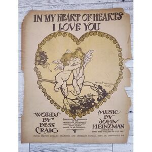 1906 In My Heart of Hearts I Love You Sheet Music Angel Cherubs Antique Decor